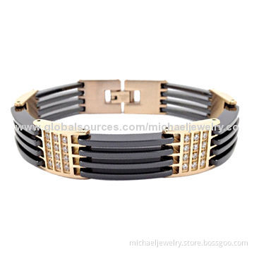 Stainless Steel Bracelets with 48pcs of CZ Stones & Interval of Plating IP Rose Gold & Black Ceramic